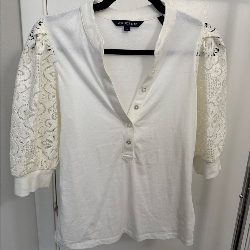 Veronica Beard Cream 3/4 Sleeve Embellished Blouse